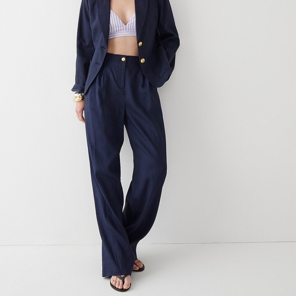 J. Crew x Marie Marot Sz 0 sailor wide leg pants linen blend navy gold buttons
